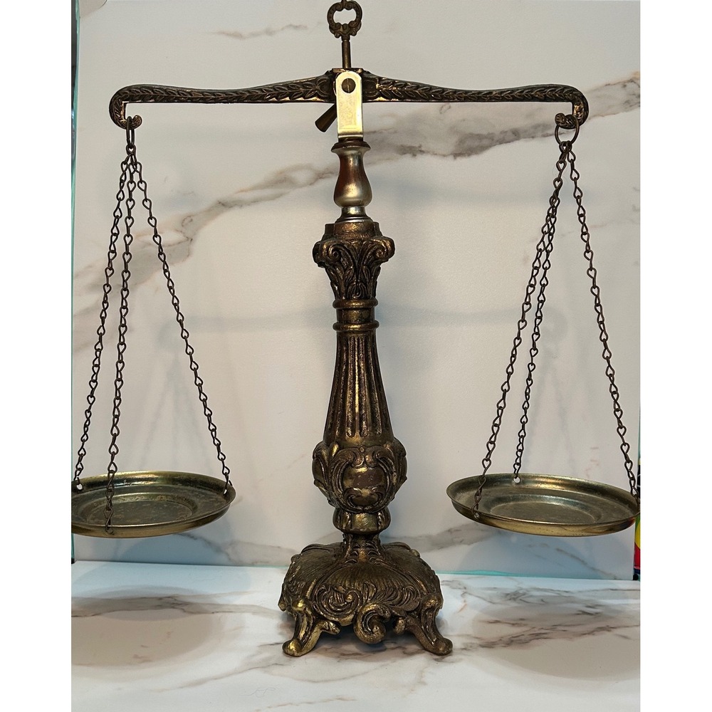 Vintage Decorative Brass Balance Scale Ornate Justice Law Office Decor Gold Tone